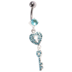 Dangling Heart Lock and Key Turquoise Strass 925 Silver & 316L Steel Belly Bar Navel Button Ring