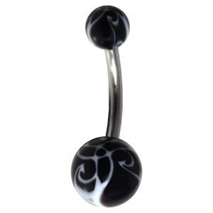Black/Black Flower Acrylic Fancy Belly Bar Navel Button Ring