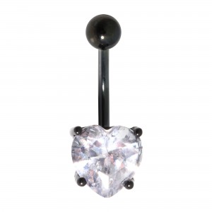 White Heart Strass Black Armature Anodized Belly Bar Navel Button Ring [RARE]