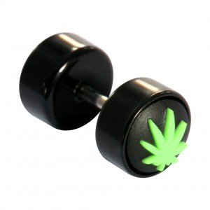 Black Fake Plug Stud Earlobe Piercing with Green Cannabis Rubber Logo