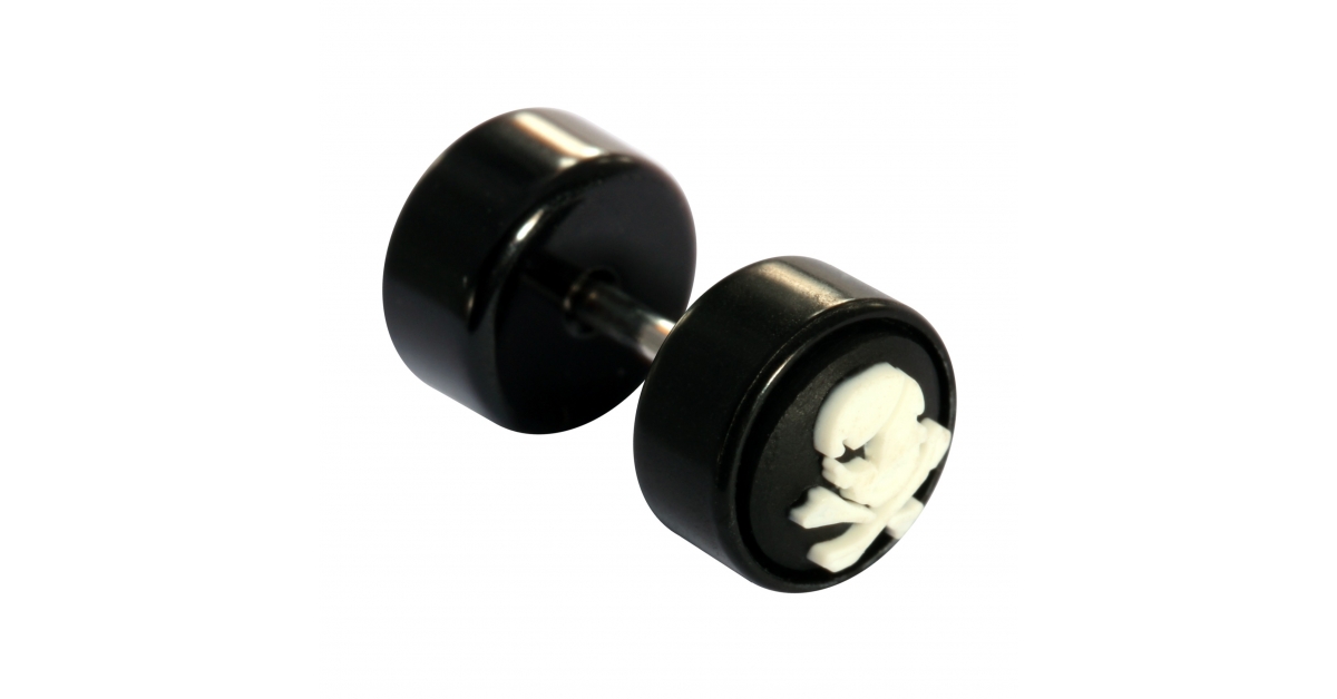 Black Fake Plug Stud Earlobe Piercing with White Skull Rubber Logo