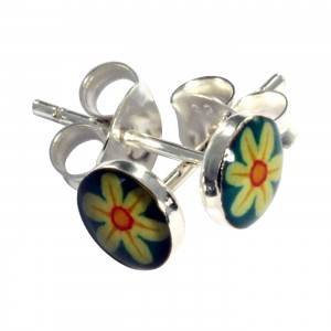 Ohrringe 925 Silber Logo Blume Gelb / Blau