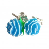 925 Sterling Silver Earrings Ear Pair Studs w/ Biocompatible Silicone Blue Rose