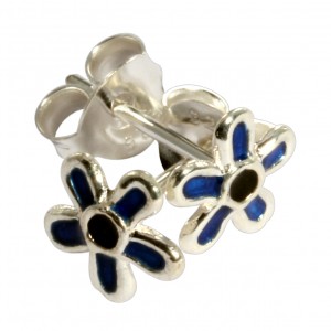 Dark Blue/Black Casting Flower 925 Sterling Silver Earrings Ear Pair Studs