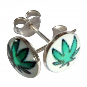 Green/White Cannabis Logo 925 Sterling Silver Earrings Ear Pair Studs