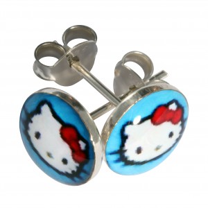 White/Blue Hello Kitty Logo 925 Sterling Silver Earrings Ear Pair Studs