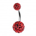 316L Steel Belly Bar Navel Button Ring w/ Two Red CZ Crystal Balls