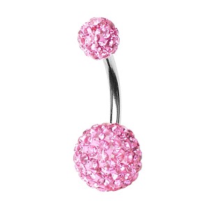 316L Steel Belly Bar Navel Button Ring w/ Two Pink CZ Crystal Balls