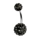 316L Steel Belly Bar Navel Button Ring w/ Two Black CZ Crystal Balls