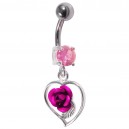 925 Silver & 316L Steel Belly Bar Navel Ring Strass & Dangling Pink Rose