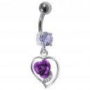 925 Silver & 316L Steel Belly Bar Navel Ring Strass & Dangling Light Purple Rose