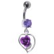 925 Silver & 316L Steel Belly Bar Navel Ring Strass & Dangling Dark Purple Rose