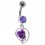 925 Silver Belly Bar Navel Ring Strass & Dangling Dark Purple Rose