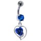 925 Silver & 316L Steel Belly Bar Navel Ring Strass & Dangling Dark Blue Rose