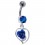 925 Silver Belly Bar Navel Ring Strass & Dangling Dark Blue Rose