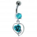 925 Silver & 316L Steel Belly Bar Navel Ring Strass & Dangling Turquoise Rose