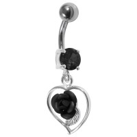 925 Silver & 316L Steel Belly Bar Navel Ring Strass & Dangling Black Rose