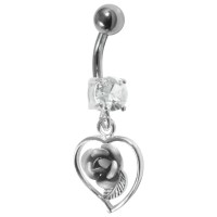 Piercing Nombril Argent 925 Strass & Rose Blanche Pendante