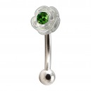 925 Silver & 316L Steel Mini Rose Charm Eyebrow Curved Bar Ring w/ Dark Green Strass