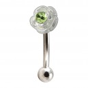 925 Silver & 316L Steel Mini Rose Charm Eyebrow Curved Bar Ring w/ Light Green Strass