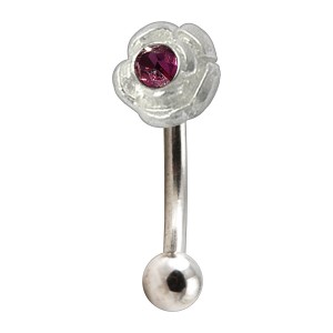 925 Silver & 316L Steel Mini Rose Charm Eyebrow Curved Bar Ring w/ Purple Strass