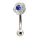 925 Silver & 316L Steel Mini Rose Charm Eyebrow Curved Bar Ring w/ Dark Blue Strass