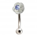 925 Silver & 316L Steel Mini Rose Charm Eyebrow Curved Bar Ring w/ Light Blue Strass