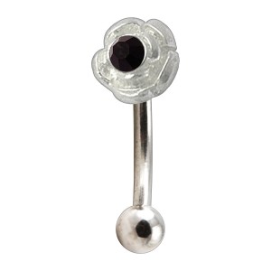 925 Silver & 316L Steel Mini Rose Charm Eyebrow Curved Bar Ring w/ Black Strass