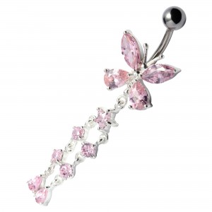 Pink Pebble Stones Butterfly 925 Silver & 316L Steel Belly Bar Navel Button Ring w/ Dangling Star & 6 Strass