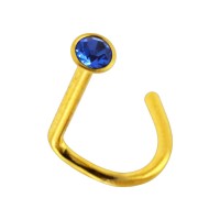 Gold Anodized 316L Steel Nose Stud Screw Ring w/ Dark Blue Strass