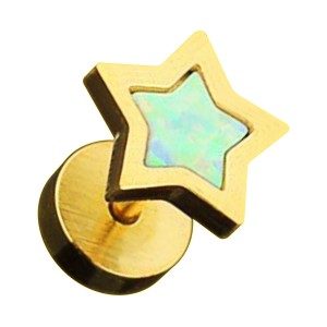 Gold Anodized 316L Steel Fake Earlobe Plug Stud w/ White Synthetic Opal Star