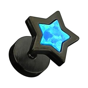Black-Line Anodized 316L Steel Fake Earlobe Plug Stud w/ Blue Synthetic Opal Star