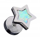Metallized 316L Steel Fake Earlobe Plug Stud w/ White Synthetic Opal Star