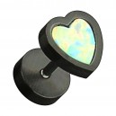 Black-Line Anodized 316L Steel Fake Earlobe Plug Stud w/ White Synthetic Opal Heart