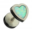 Metallized 316L Steel Fake Earlobe Plug Stud w/ White Synthetic Opal Heart