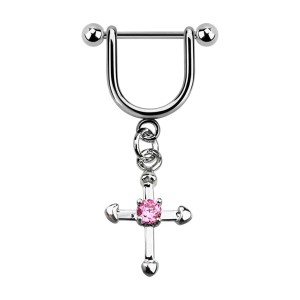 Stirrup Helix Piercing Ring Bar Jewel w/ Dangling Pink Christian Cross Zirconia