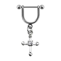 Stirrup Helix Piercing Ring Bar Jewel w/ Dangling White Christian Cross Zirconia