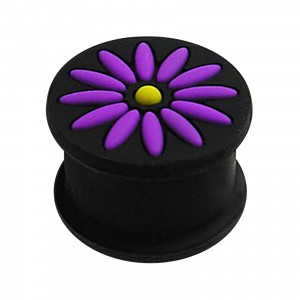 Plug Oreja Silicona Biocompatible Flor 12 Pétalos Púrpura / Negro