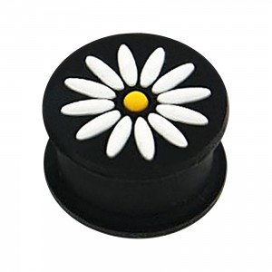 Plug Oreille Silicone Biocompatible Fleur 12 Pétales Blanc / Noir