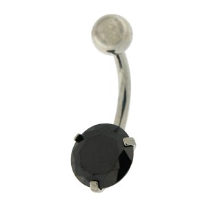 316L Steel Belly Bar Navel Button Ring w/ 8 mm Round Big Black Strass