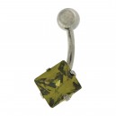 316L Steel Belly Bar Navel Button Ring w/ 8 mm Square Big Olive Green Strass