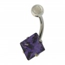 316L Steel Belly Bar Navel Button Ring w/ 8 mm Square Big Purple Strass