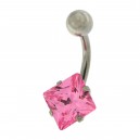 316L Steel Belly Bar Navel Button Ring w/ 8 mm Square Big Pink Strass