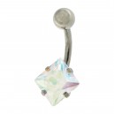 316L Steel Belly Bar Navel Button Ring w/ 8 mm Square Big Rainbow Strass