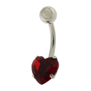316L Steel Belly Bar Navel Button Ring w/ 8 mm Heart Big Red Strass
