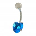 316L Steel Belly Bar Navel Button Ring w/ 8 mm Heart Big Turquoise Strass