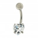 316L Steel Belly Bar Navel Button Ring w/ 8 mm Heart Big White Strass