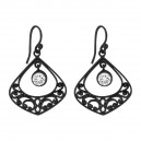 Rounded Lozenge Contour Black Hanging Earrings Ear Pair w/ Hanging White Strass