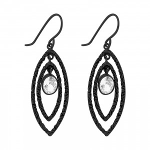 Double Almond Contour Black Hanging Earrings Ear Pair w/ Hanging White Strass