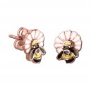 Bees on Flower Molded Pink PVD 316L Steel Earrings Ear Studs Pair